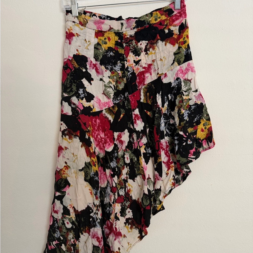 Kimchi Blue Asymmetrical Floral Midi Skirt in Pink, Black & Yellow